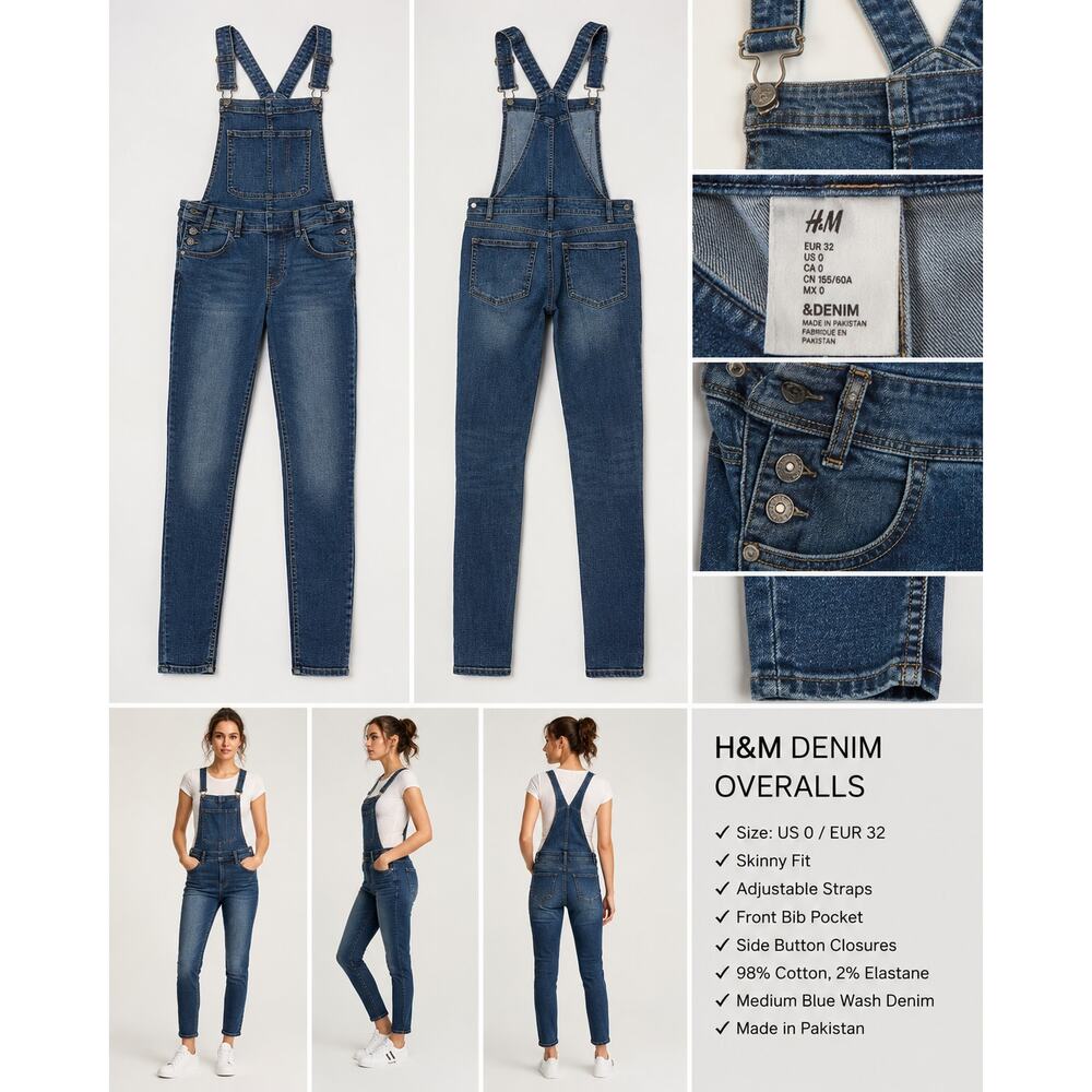 H&M Denim Overalls Women's EUR 32 US 0 Blue Skinny Stretch Dungarees Jeans